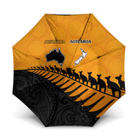 Australia New Zealand Rugby Umbrella Gold Aboriginal Wallabies and Maori Black Fern LT9 One Size Folded 11.42 inch Opened Diameter 37.4 inch Gold - Polynesian Pride