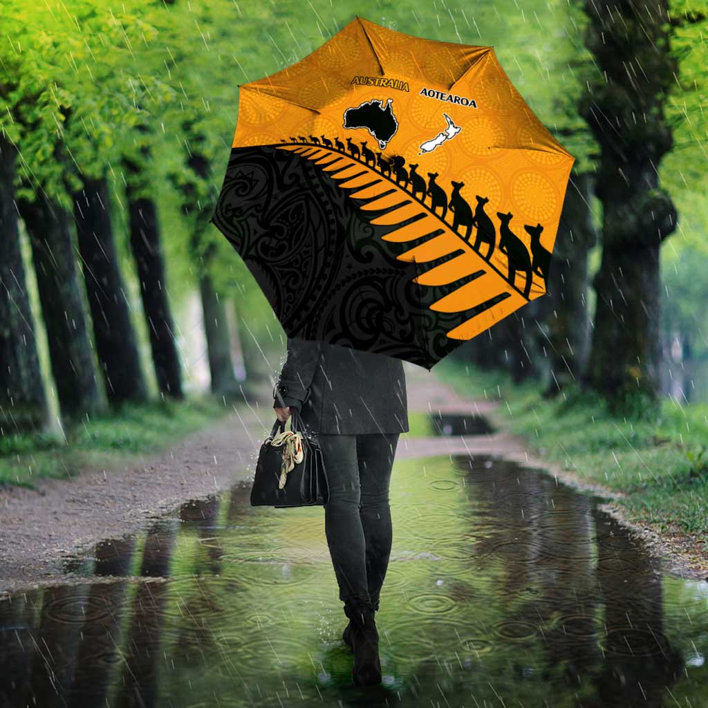 Australia New Zealand Rugby Umbrella Gold Aboriginal Wallabies and Maori Black Fern LT9 - Polynesian Pride