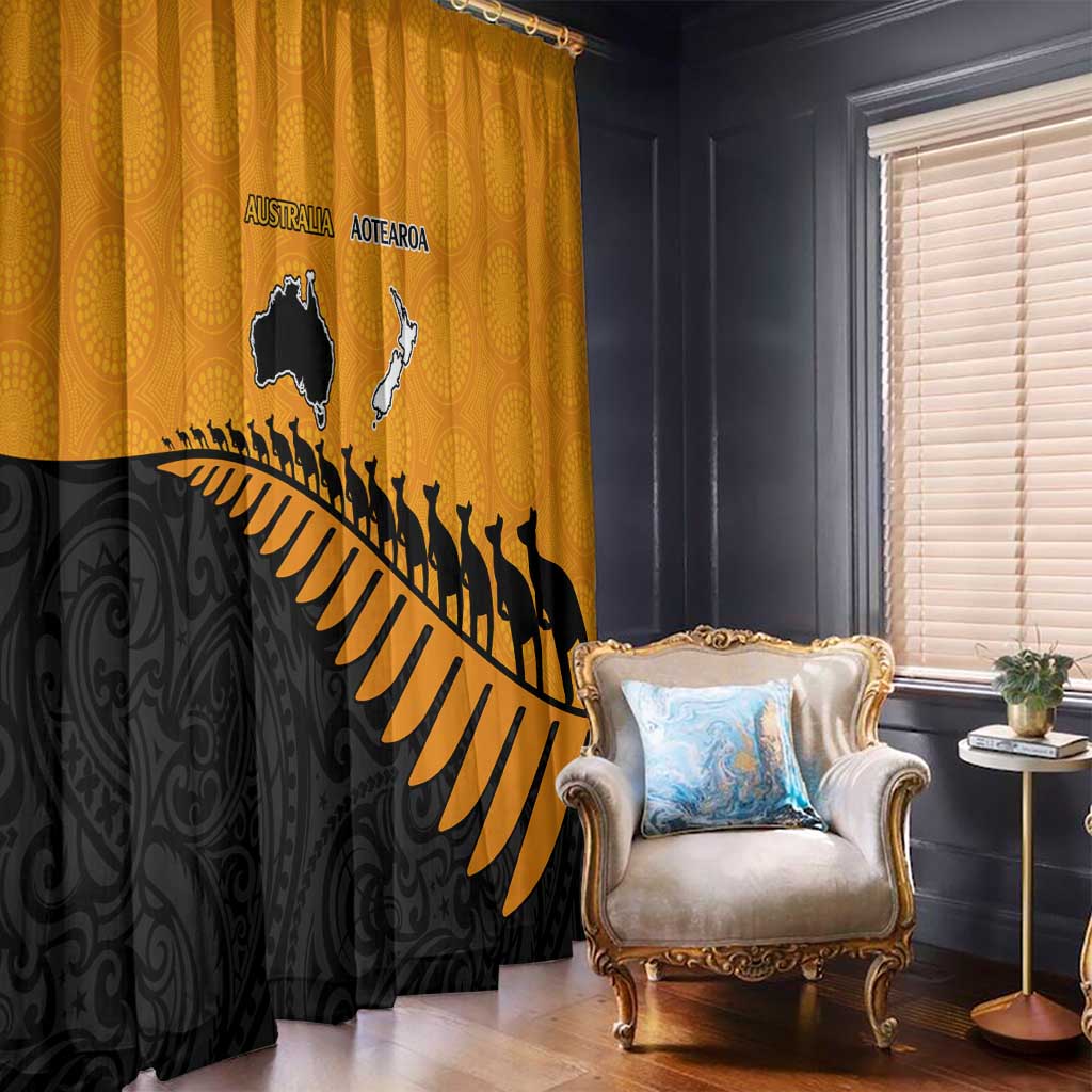 Australia New Zealand Rugby Window Curtain Gold Aboriginal Wallabies and Maori Black Fern LT9 - Polynesian Pride
