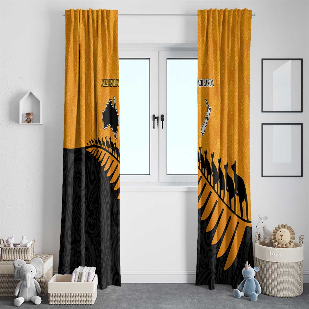 Australia New Zealand Rugby Window Curtain Gold Aboriginal Wallabies and Maori Black Fern LT9 - Polynesian Pride