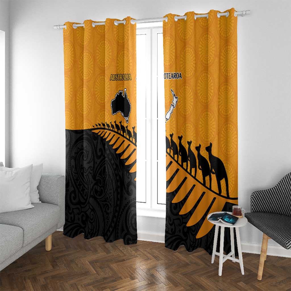 Australia New Zealand Rugby Window Curtain Gold Aboriginal Wallabies and Maori Black Fern LT9 With Grommets Gold - Polynesian Pride