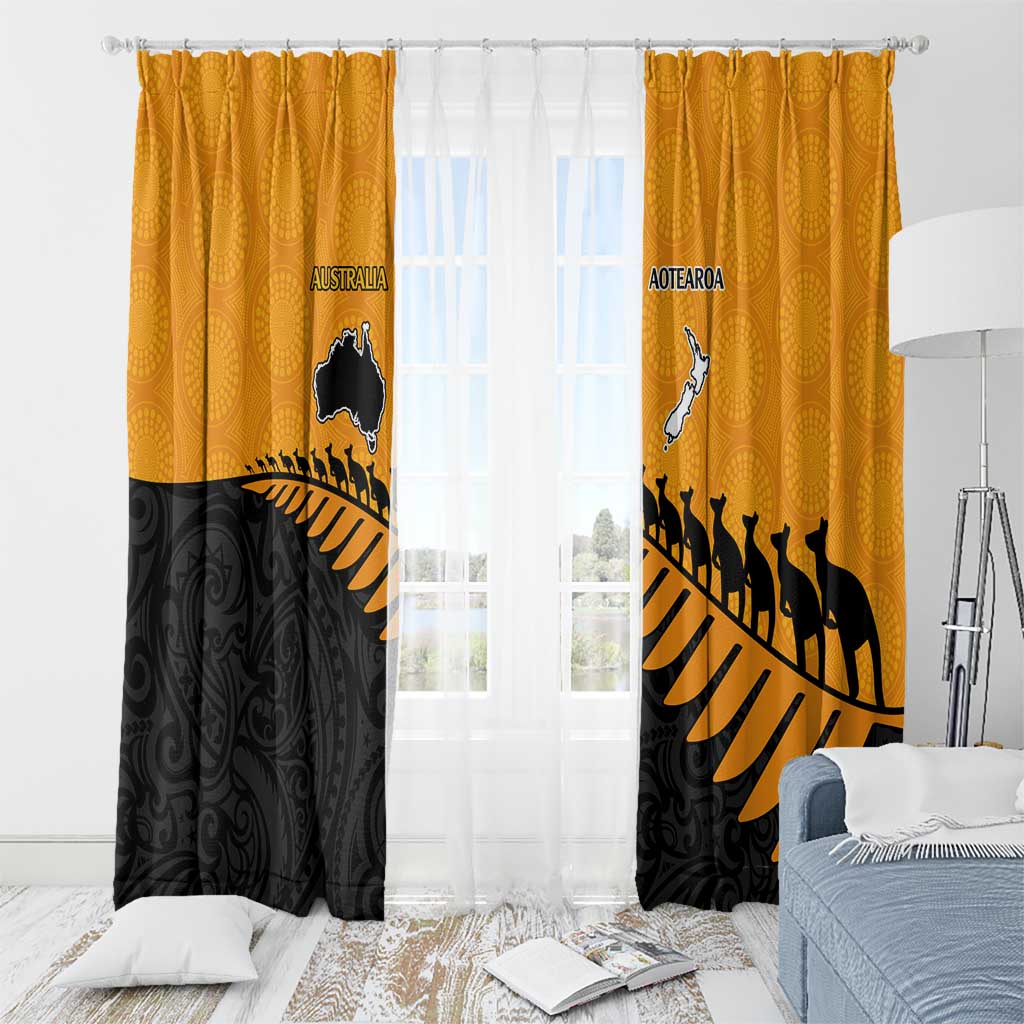 Australia New Zealand Rugby Window Curtain Gold Aboriginal Wallabies and Maori Black Fern LT9 - Polynesian Pride