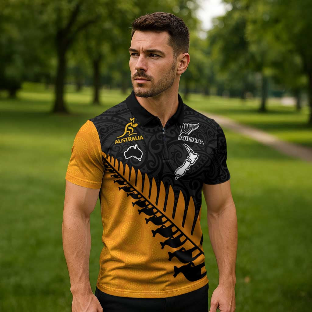 Australia New Zealand Rugby Zipper Polo Shirt Gold Aboriginal Wallabies and Maori Black Fern LT9 - Polynesian Pride