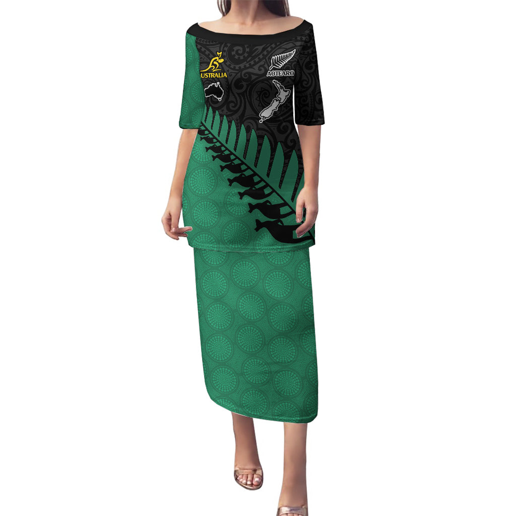 Australia Wallabies and Aotearoa Rugby Puletasi Kangaroo Black Fern Maori Green Vibe LT9 Long Dress Green - Polynesian Pride