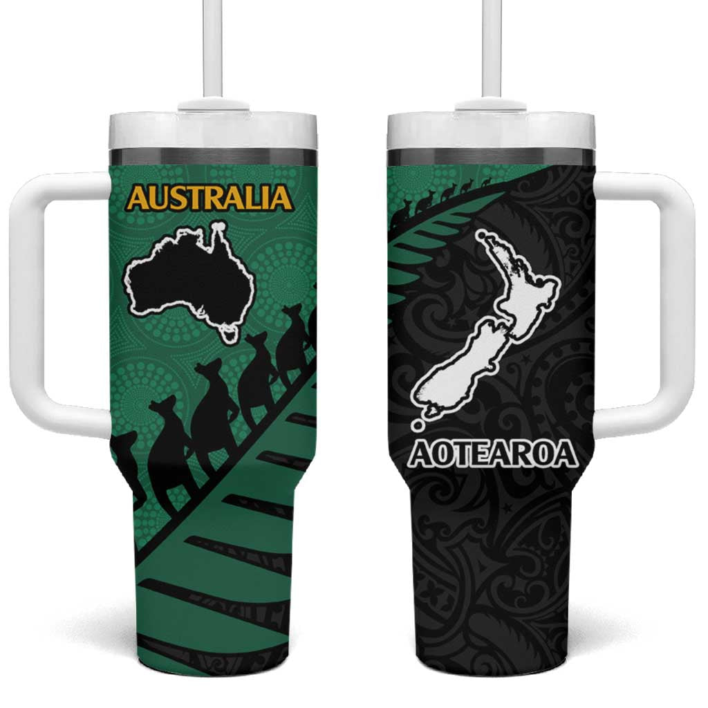 Australia New Zealand Rugby Tumbler With Handle Aboriginal Wallabies and Maori Black Fern Green Vibe LT9 One Size: 40 oz Green - Polynesian Pride