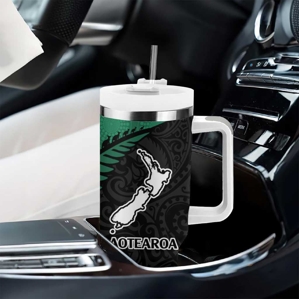 Australia New Zealand Rugby Tumbler With Handle Aboriginal Wallabies and Maori Black Fern Green Vibe LT9 - Polynesian Pride