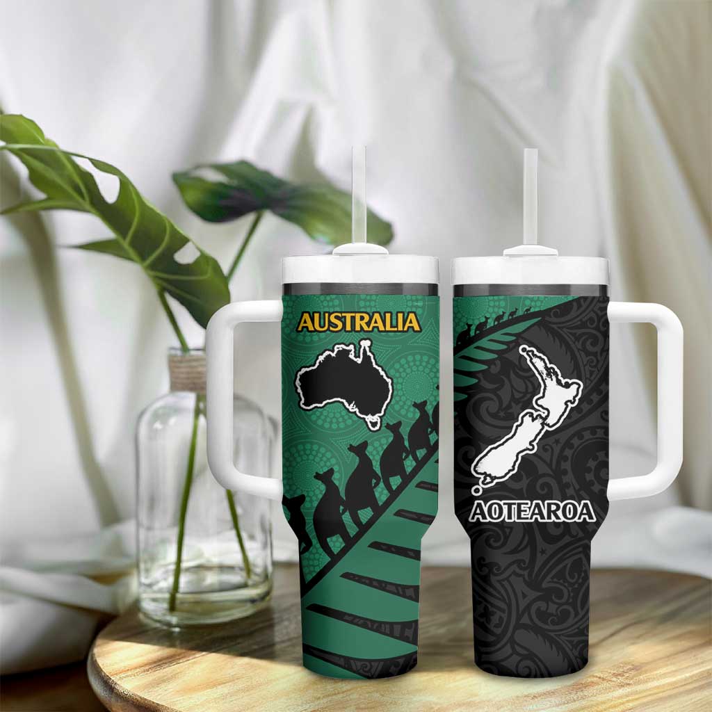 Australia New Zealand Rugby Tumbler With Handle Aboriginal Wallabies and Maori Black Fern Green Vibe LT9 - Polynesian Pride