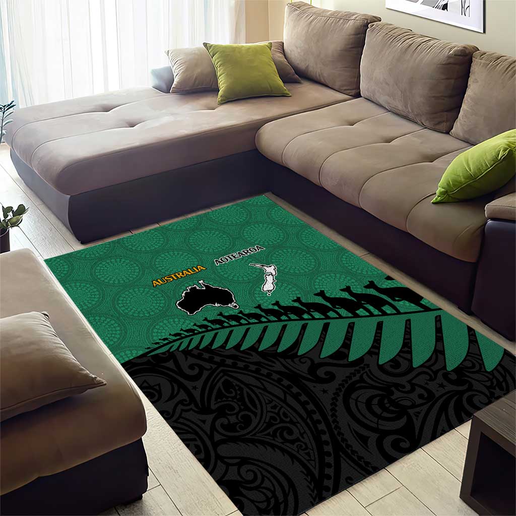 Australia New Zealand Rugby Area Rug Green Aboriginal Wallabies and Maori Black Fern - Polynesian Pride