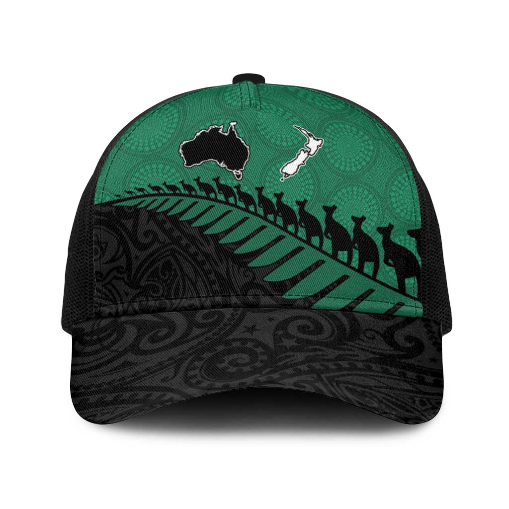Australia New Zealand Rugby Baseball Net Cap Green Aboriginal Wallabies and Maori Black Fern - Polynesian Pride