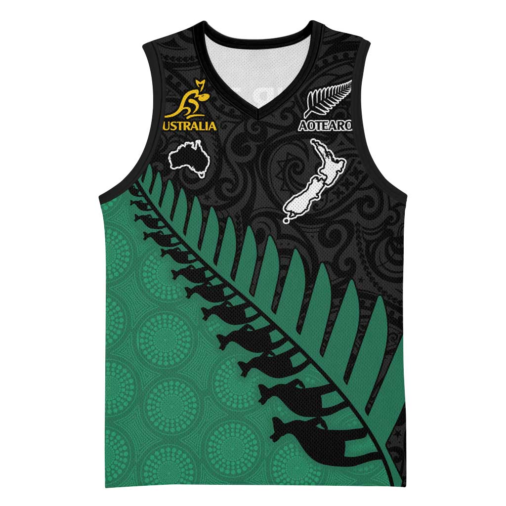 Australia New Zealand Rugby Basketball Jersey Green Aboriginal Wallabies and Maori Black Fern LT9 Unisex Green - Polynesian Pride
