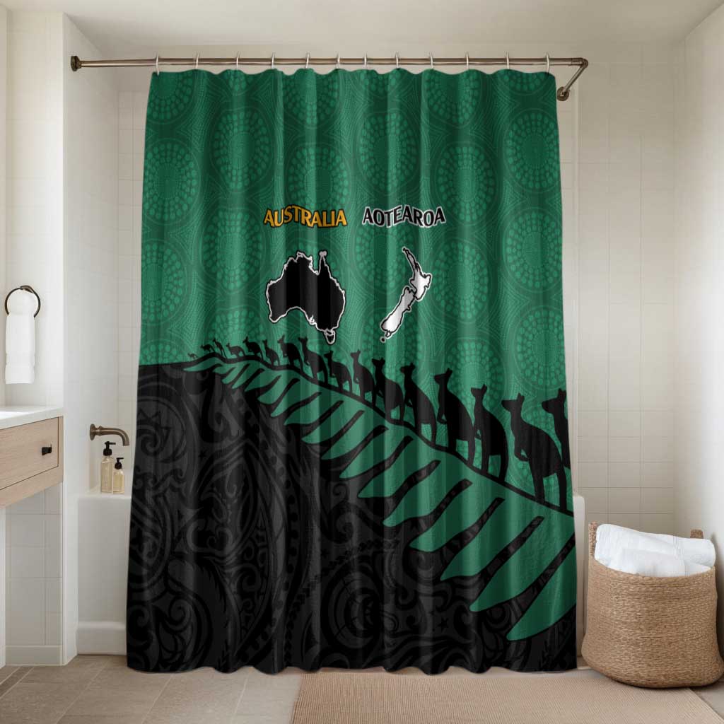Australia New Zealand Rugby Bathroom Set Green Aboriginal Wallabies and Maori Black Fern LT9 Shower Curtain Only Green - Polynesian Pride