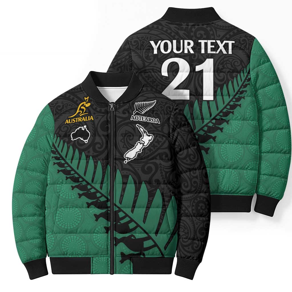 Australia New Zealand Rugby Bomber Puffer Jacket Green Aboriginal Wallabies and Maori Black Fern - Polynesian Pride