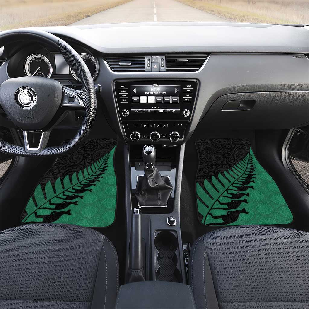 Australia New Zealand Rugby Car Mats Green Aboriginal Wallabies and Maori Black Fern LT9 Set 2pcs - Front Green - Polynesian Pride