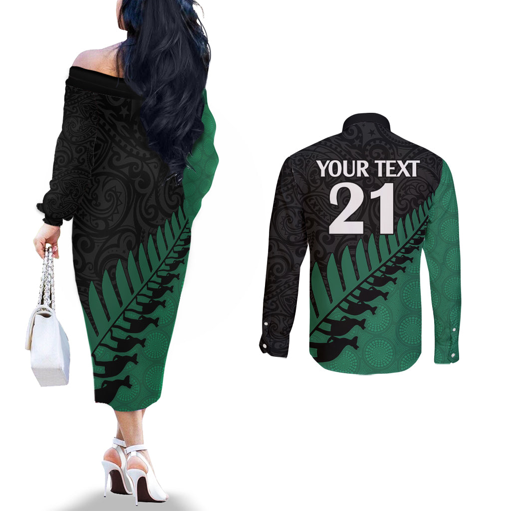 Custom Australia Wallabies and Aotearoa Rugby Couples Matching Off The Shoulder Long Sleeve Dress and Long Sleeve Button Shirts Kangaroo Black Fern Maori Green Vibe LT9 - Polynesian Pride