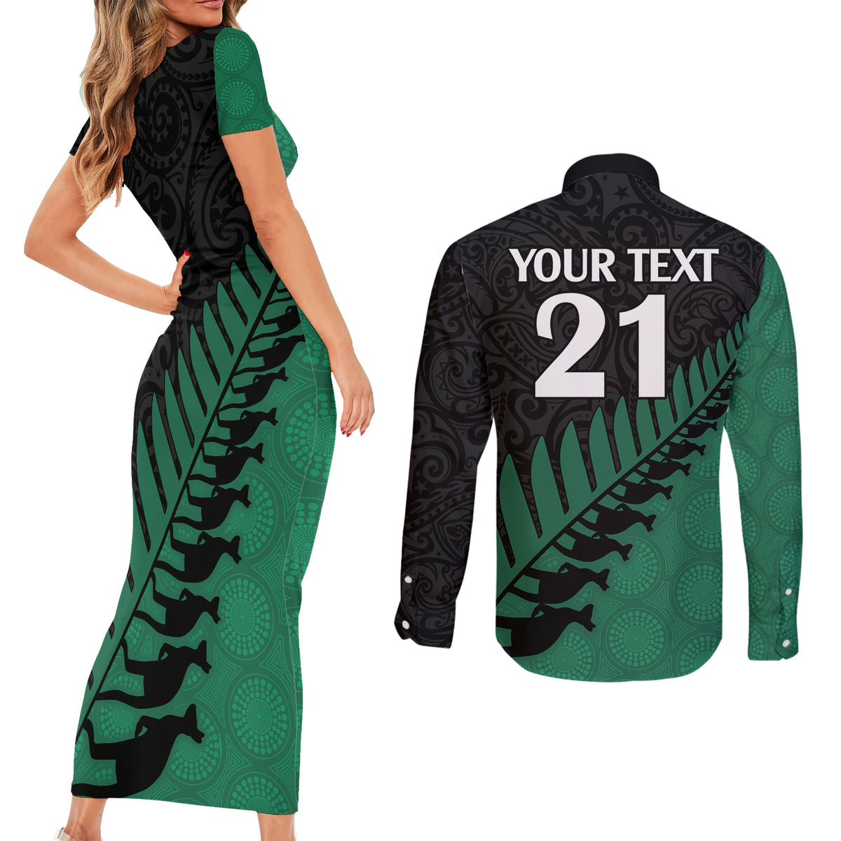 Custom Australia Wallabies and Aotearoa Rugby Couples Matching Short Sleeve Bodycon Dress and Long Sleeve Button Shirts Kangaroo Black Fern Maori Green Vibe LT9 - Polynesian Pride