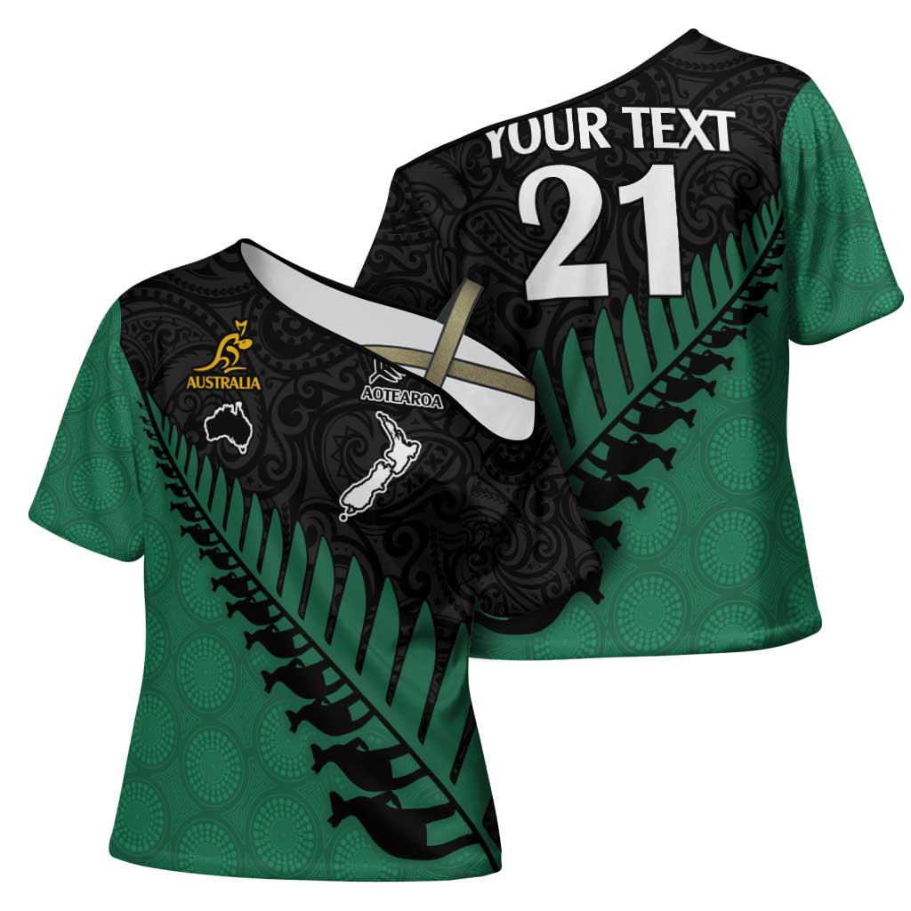Australia New Zealand Rugby Cross Shoulder Shirt Green Aboriginal Wallabies and Maori Black Fern LT9 - Polynesian Pride