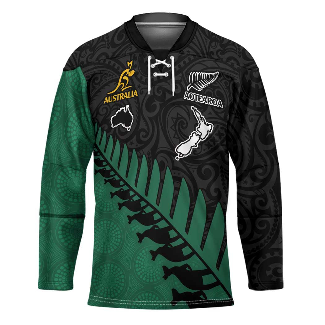 Australia New Zealand Rugby Hockey Jersey Green Aboriginal Wallabies and Maori Black Fern LT9 Unisex Green - Polynesian Pride