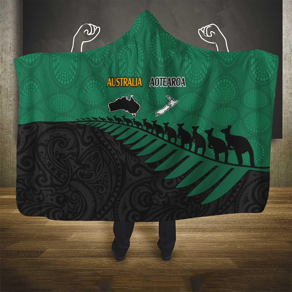 Australia New Zealand Rugby Hooded Blanket Green Aboriginal Wallabies and Maori Black Fern LT9 - Polynesian Pride