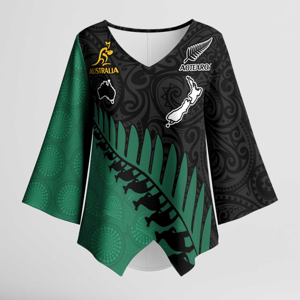 Australia New Zealand Rugby Kimono Sleeve Blouse Green Aboriginal Wallabies and Maori Black Fern LT9 Female Green - Polynesian Pride