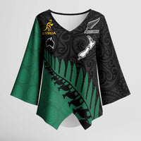 Australia New Zealand Rugby Kimono Sleeve Blouse Green Aboriginal Wallabies and Maori Black Fern LT9 Female Green - Polynesian Pride