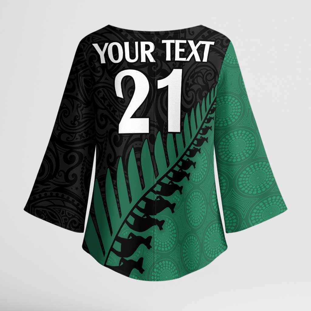 Australia New Zealand Rugby Kimono Sleeve Blouse Green Aboriginal Wallabies and Maori Black Fern LT9 - Polynesian Pride