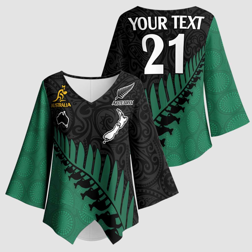 Australia New Zealand Rugby Kimono Sleeve Blouse Green Aboriginal Wallabies and Maori Black Fern LT9 - Polynesian Pride