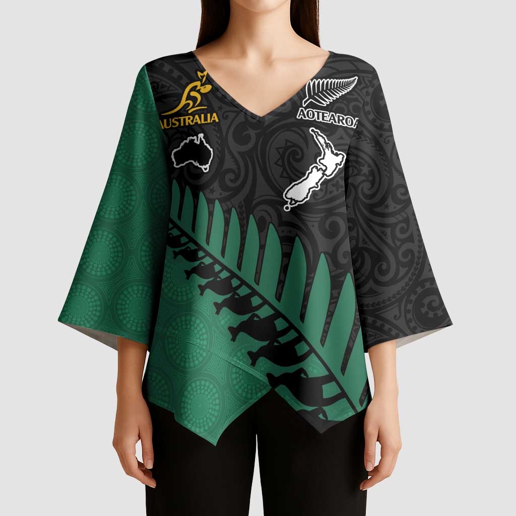 Australia New Zealand Rugby Kimono Sleeve Blouse Green Aboriginal Wallabies and Maori Black Fern LT9 - Polynesian Pride