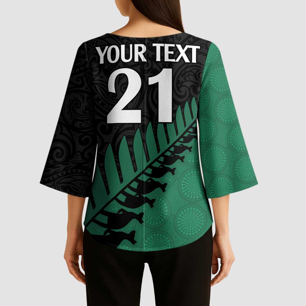 Australia New Zealand Rugby Kimono Sleeve Blouse Green Aboriginal Wallabies and Maori Black Fern LT9 - Polynesian Pride