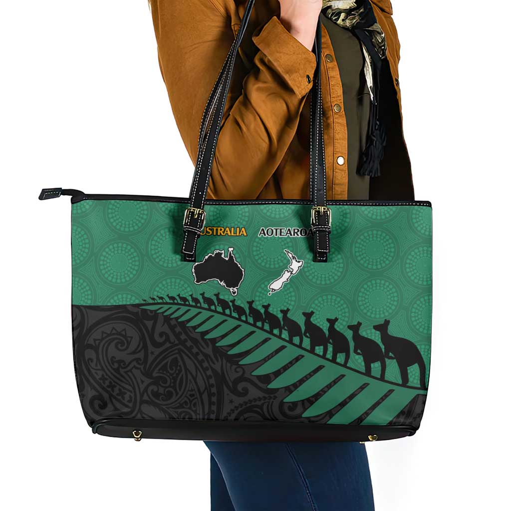 Australia New Zealand Rugby Leather Tote Bag Green Aboriginal Wallabies and Maori Black Fern LT9 - Polynesian Pride