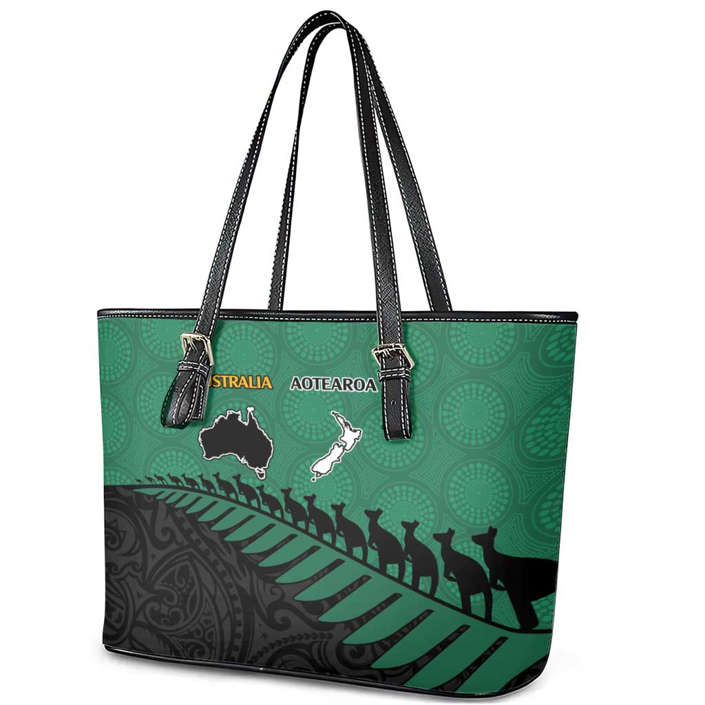 Australia New Zealand Rugby Leather Tote Bag Green Aboriginal Wallabies and Maori Black Fern LT9 - Polynesian Pride