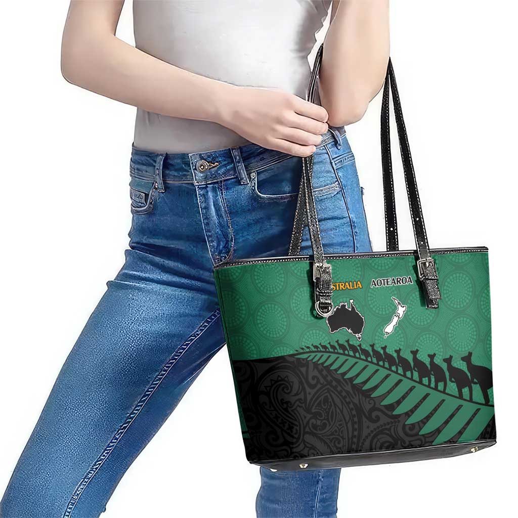 Australia New Zealand Rugby Leather Tote Bag Green Aboriginal Wallabies and Maori Black Fern LT9 - Polynesian Pride