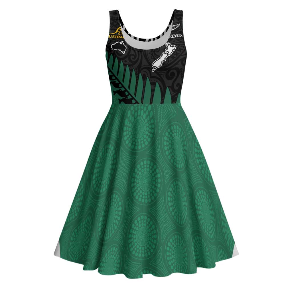 Australia New Zealand Rugby Midi Dress Green Aboriginal Wallabies and Maori Black Fern LT9 Green - Polynesian Pride