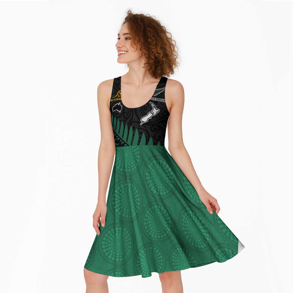 Australia New Zealand Rugby Midi Dress Green Aboriginal Wallabies and Maori Black Fern LT9 - Polynesian Pride