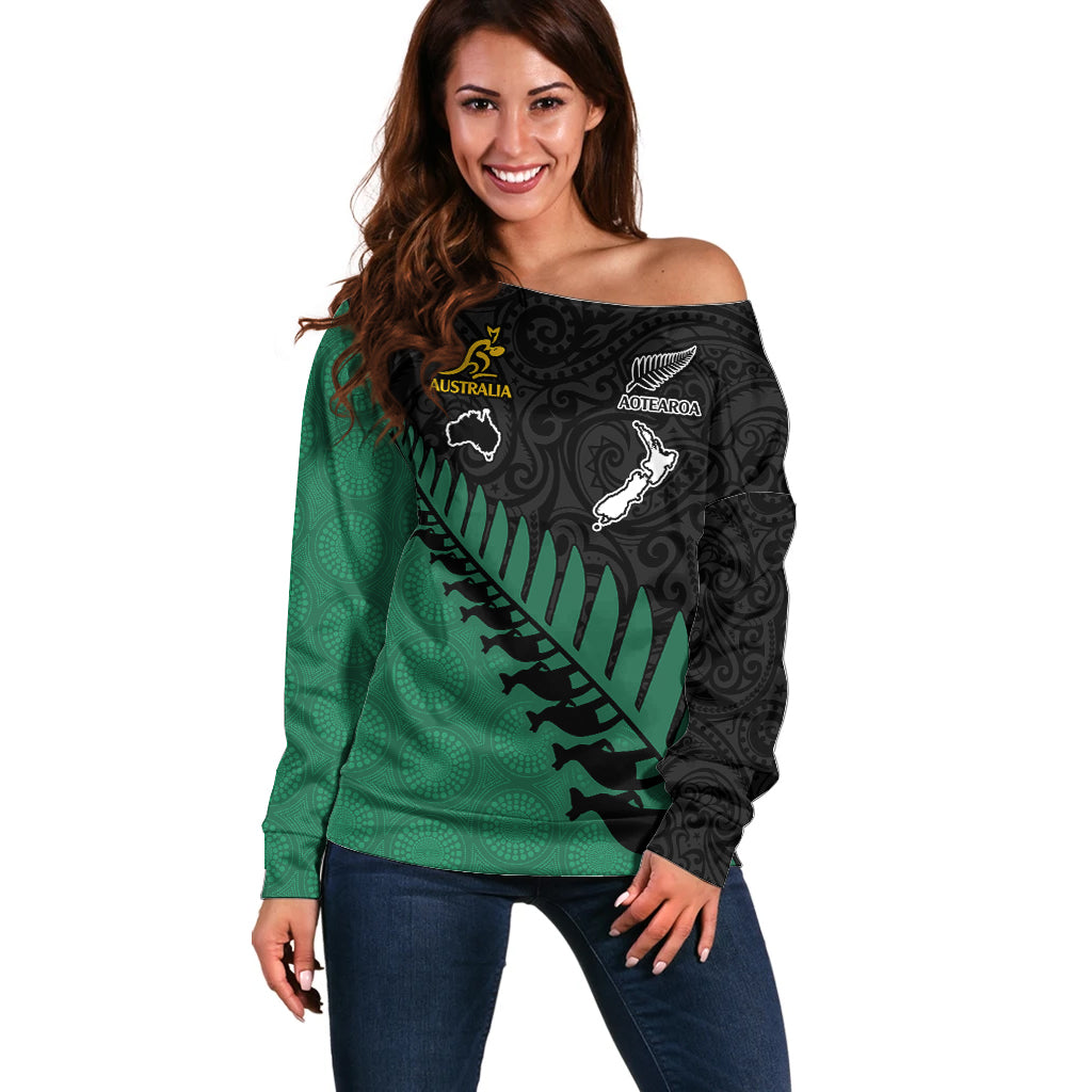 Custom Australia Wallabies and Aotearoa Rugby Off Shoulder Sweater Kangaroo Black Fern Maori Green Vibe LT9 Women Green - Polynesian Pride