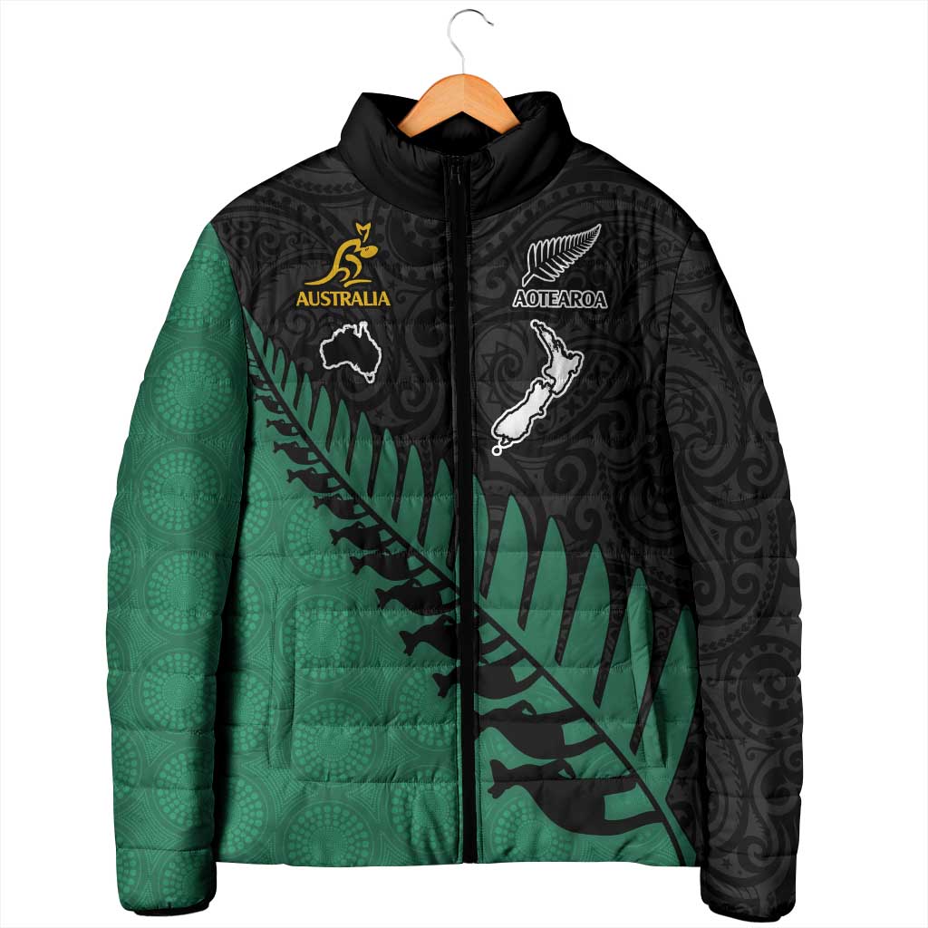 Australia New Zealand Rugby Padded Jacket Green Aboriginal Wallabies and Maori Black Fern LT9 - Polynesian Pride