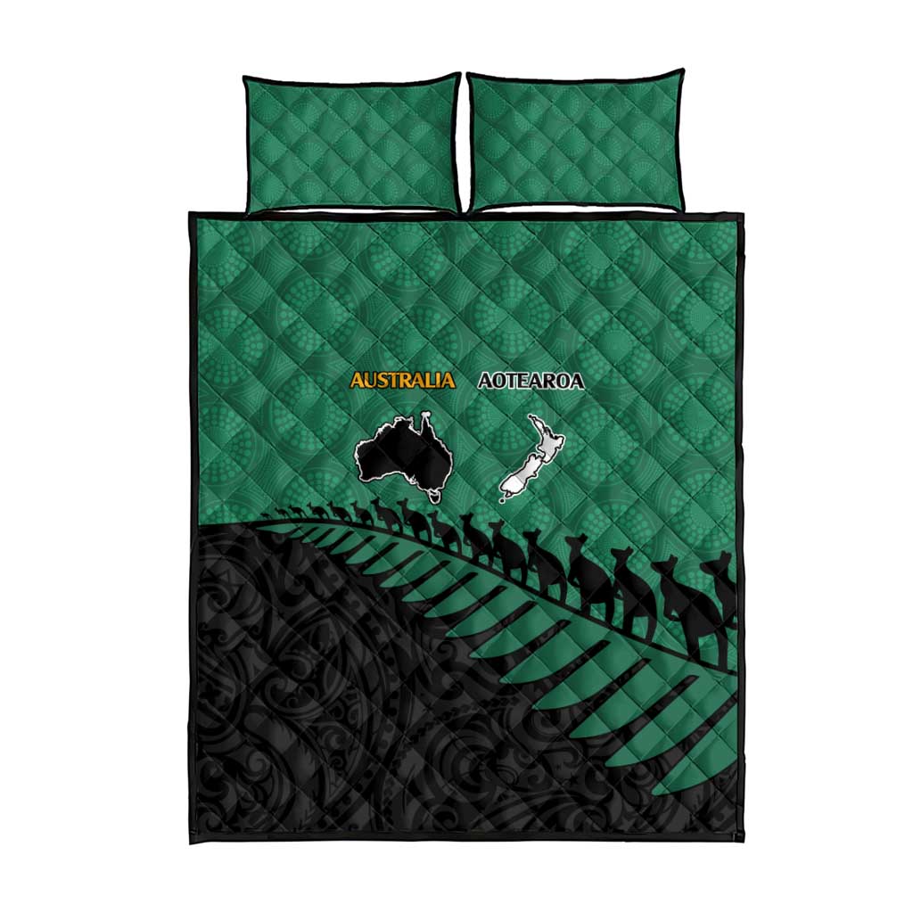 Australia New Zealand Rugby Quilt Bed Set Green Aboriginal Wallabies and Maori Black Fern LT9 - Polynesian Pride