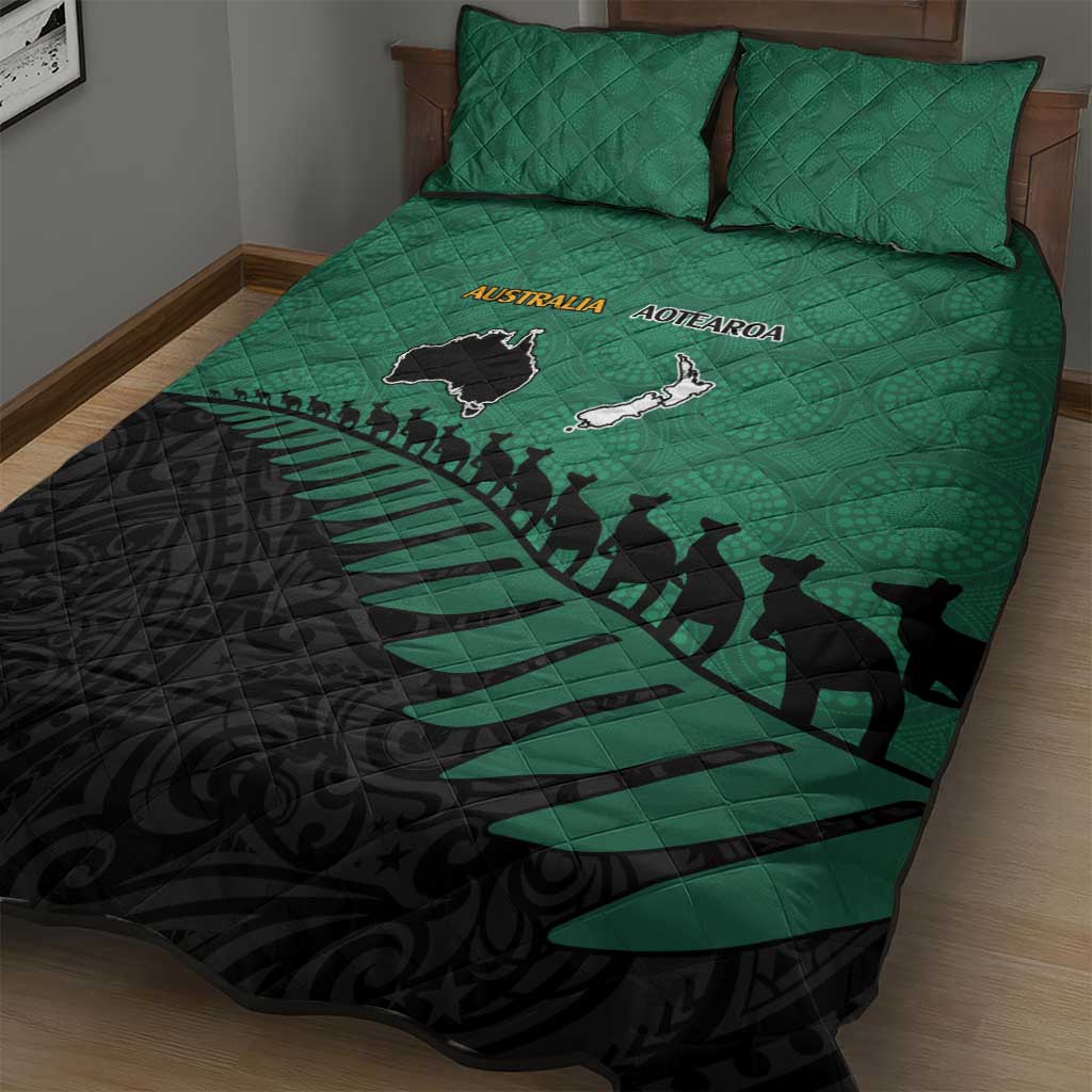 Australia New Zealand Rugby Quilt Bed Set Green Aboriginal Wallabies and Maori Black Fern LT9 - Polynesian Pride