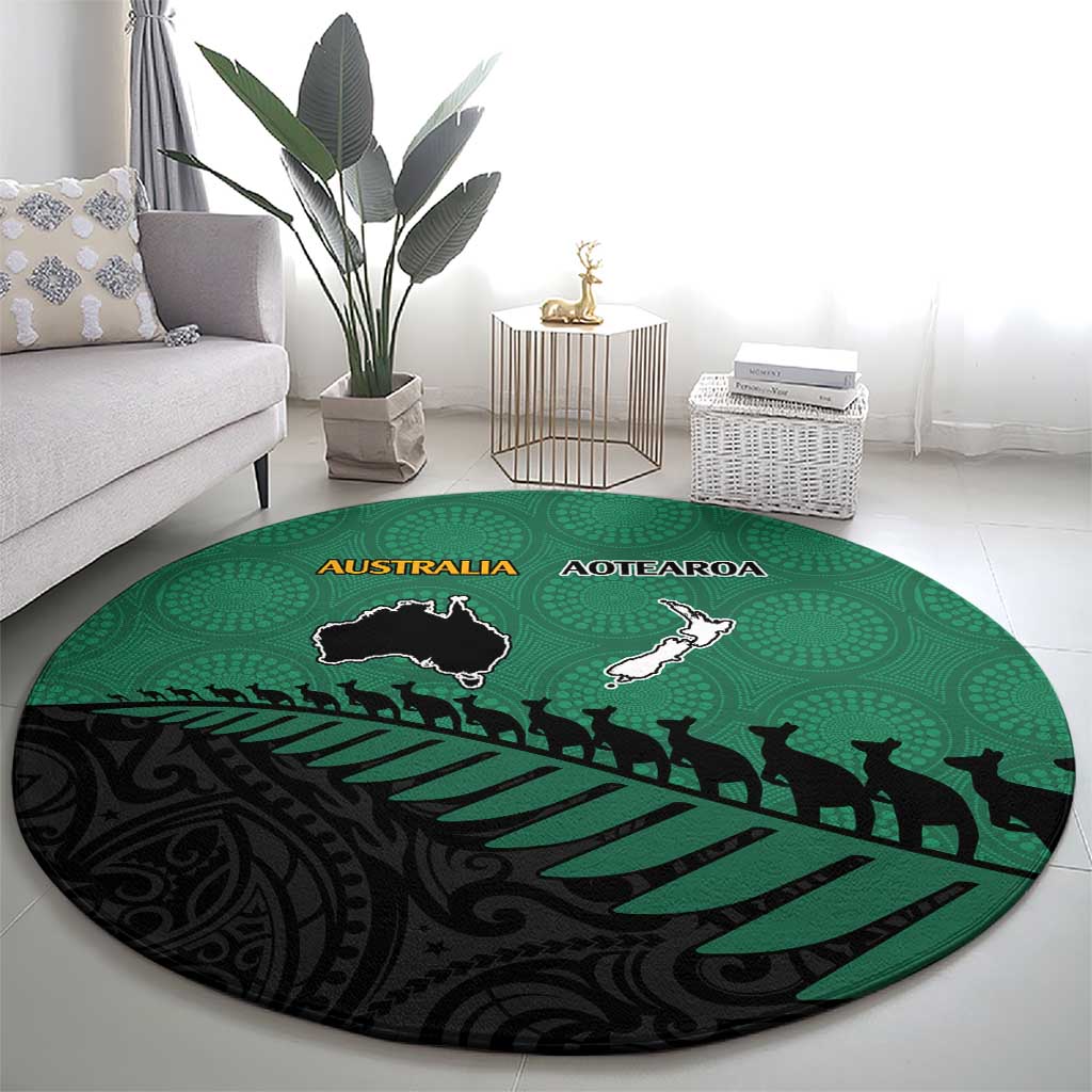 Australia New Zealand Rugby Round Carpet Green Aboriginal Wallabies and Maori Black Fern LT9 - Polynesian Pride
