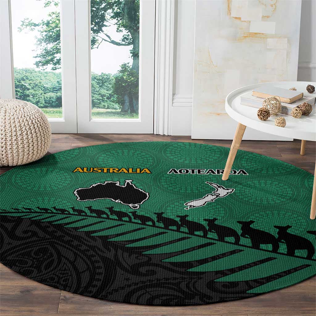 Australia New Zealand Rugby Round Carpet Green Aboriginal Wallabies and Maori Black Fern LT9 - Polynesian Pride