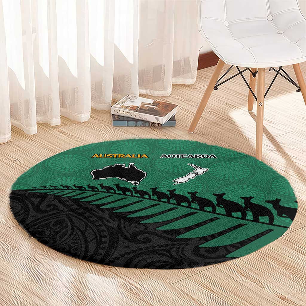 Australia New Zealand Rugby Round Carpet Green Aboriginal Wallabies and Maori Black Fern LT9 - Polynesian Pride