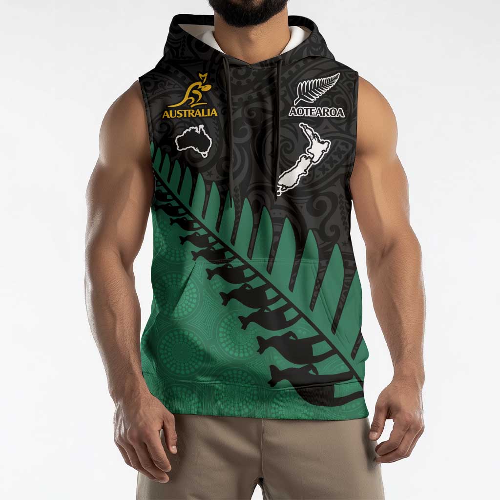 Australia New Zealand Rugby Sleeveless Hoodie Green Aboriginal Wallabies and Maori Black Fern LT9 - Polynesian Pride