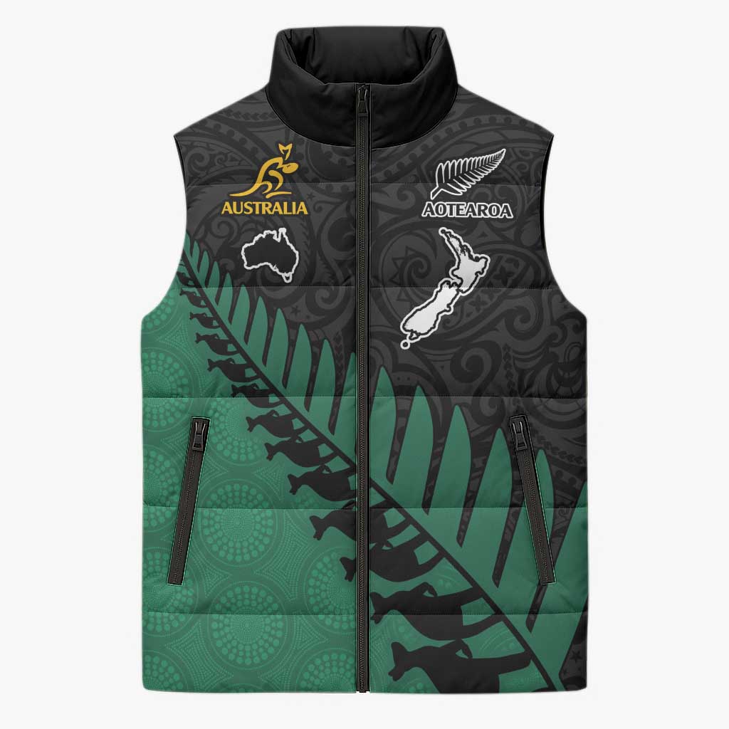 Australia New Zealand Rugby Sleeveless Puffer Jacket Green Aboriginal Wallabies and Maori Black Fern LT9 Unisex Green - Polynesian Pride