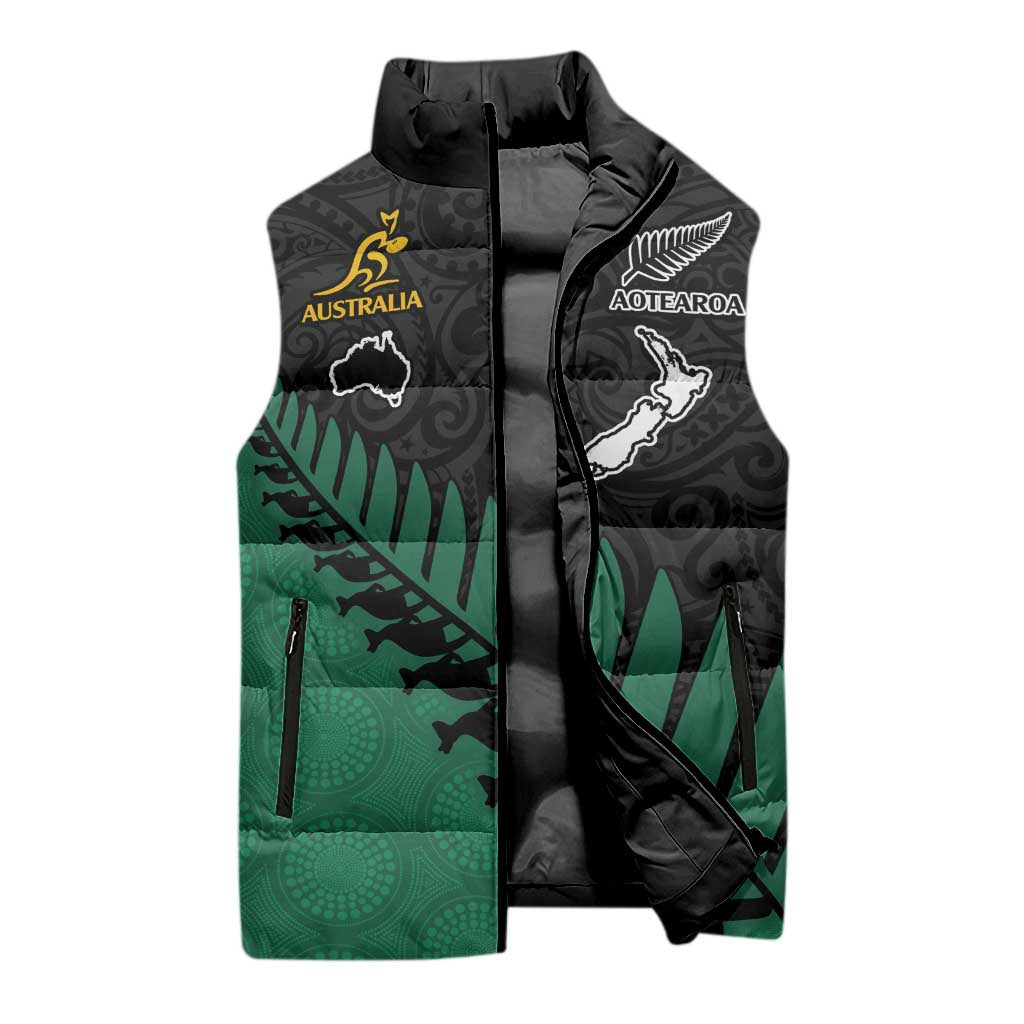Australia New Zealand Rugby Sleeveless Puffer Jacket Green Aboriginal Wallabies and Maori Black Fern LT9 - Polynesian Pride