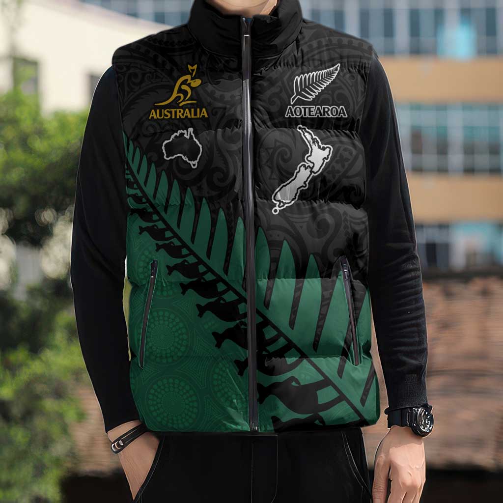 Australia New Zealand Rugby Sleeveless Puffer Jacket Green Aboriginal Wallabies and Maori Black Fern LT9 - Polynesian Pride