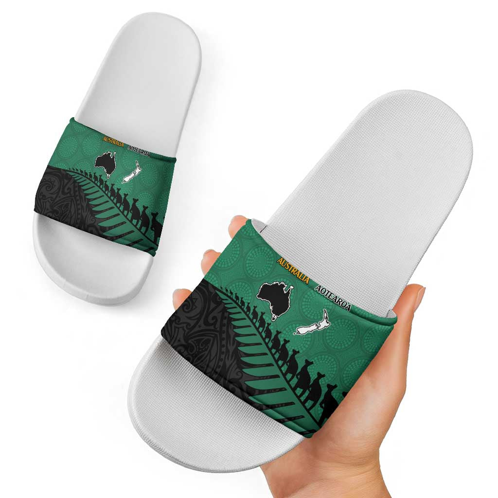 Australia New Zealand Rugby Slide Sandals Green Aboriginal Wallabies and Maori Black Fern LT9 - Polynesian Pride