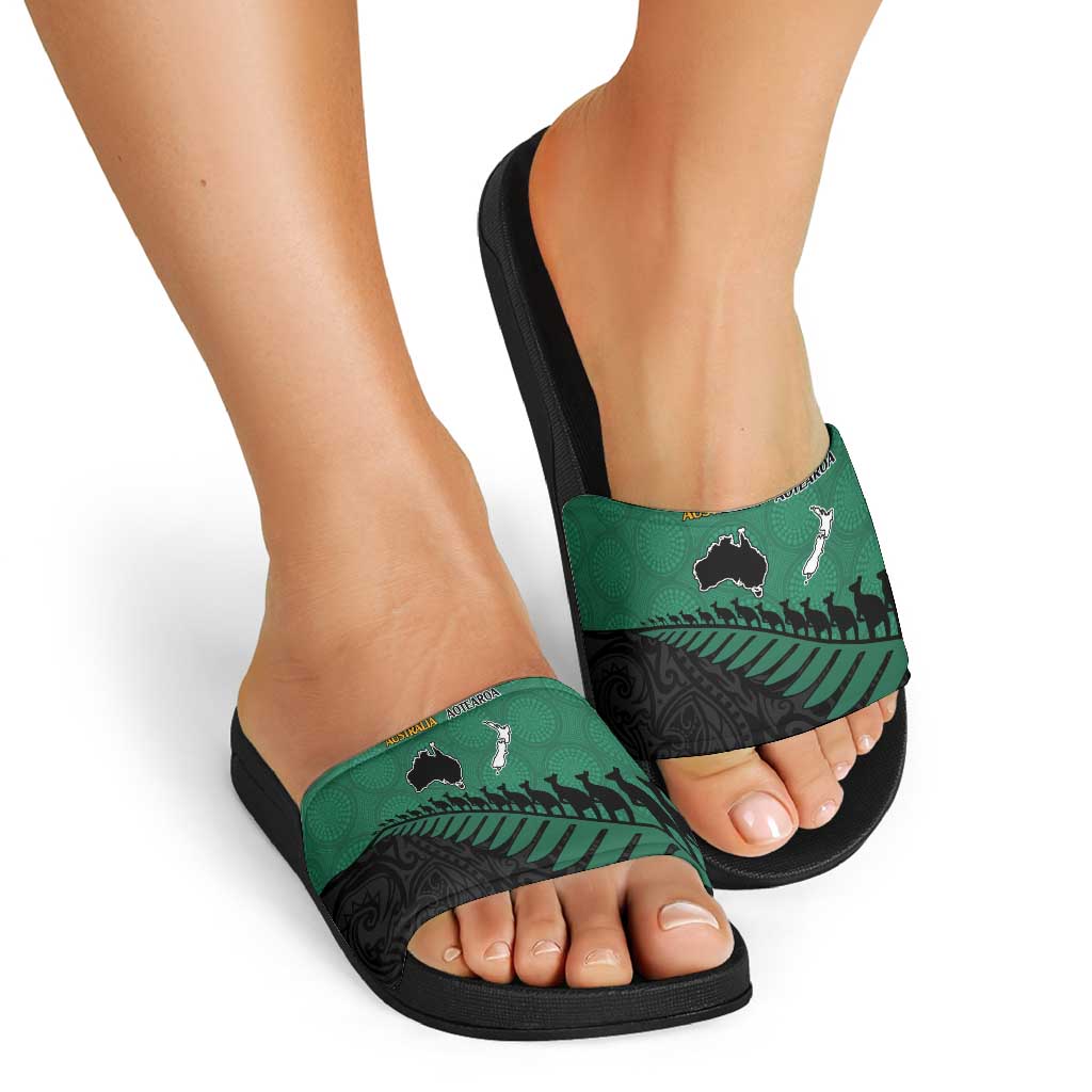 Australia New Zealand Rugby Slide Sandals Green Aboriginal Wallabies and Maori Black Fern LT9 - Polynesian Pride