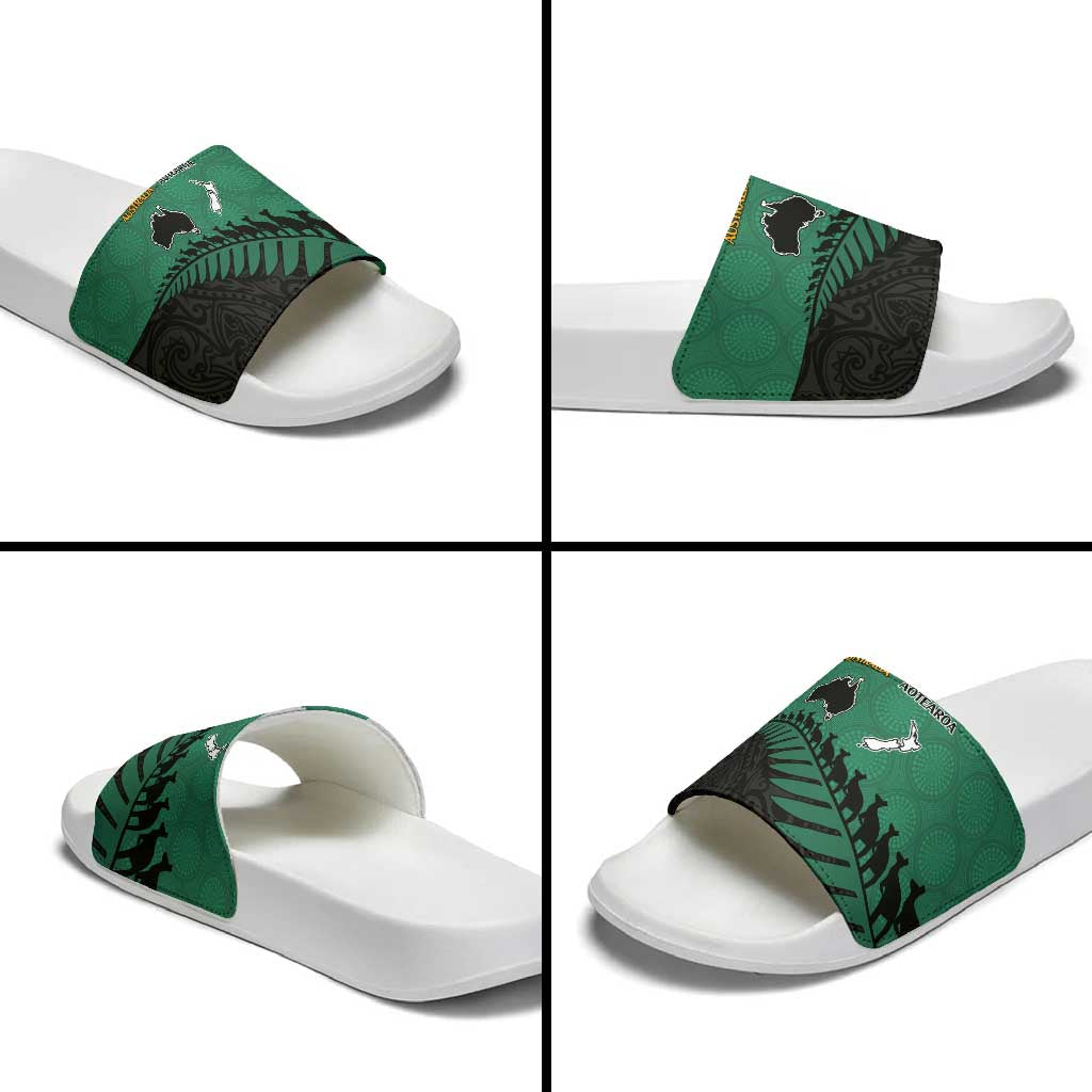 Australia New Zealand Rugby Slide Sandals Green Aboriginal Wallabies and Maori Black Fern LT9 - Polynesian Pride