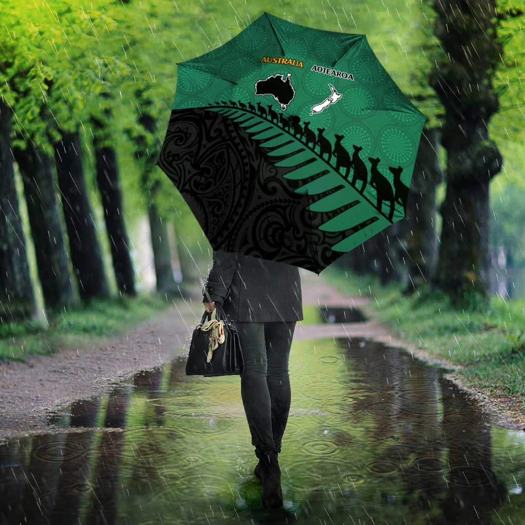 Australia New Zealand Rugby Umbrella Green Aboriginal Wallabies and Maori Black Fern LT9 - Polynesian Pride
