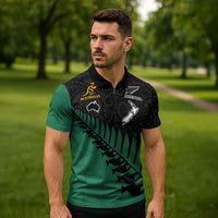 Australia New Zealand Rugby Zipper Polo Shirt Green Aboriginal Wallabies and Maori Black Fern LT9 - Polynesian Pride