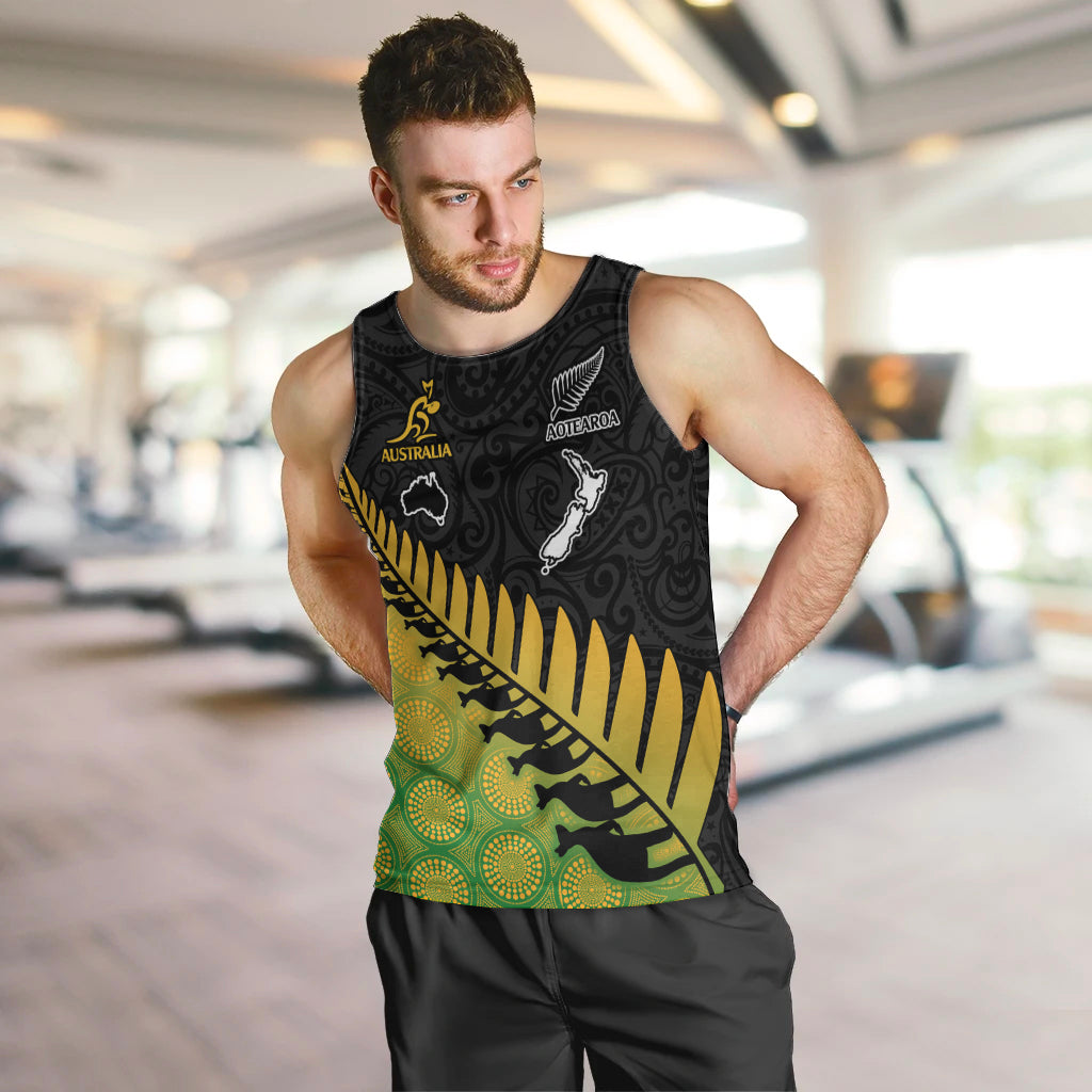 Australia Wallabies and Aotearoa Rugby Men Tank Top Kangaroo Black Fern Maori Gradient Vibe LT9 - Polynesian Pride